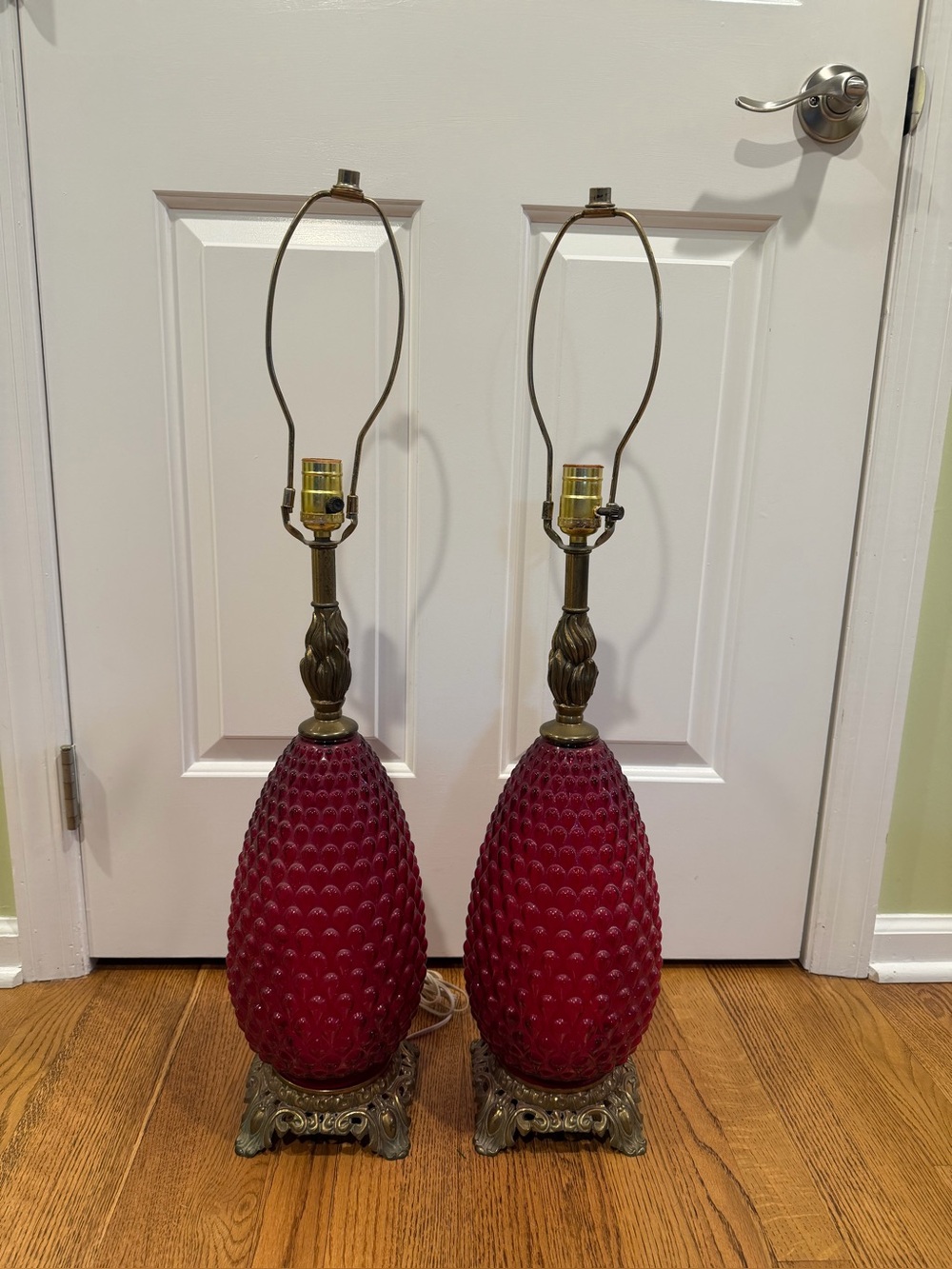 Pair of Vintage Accurate Casting Cranberry Hobnail Lamps